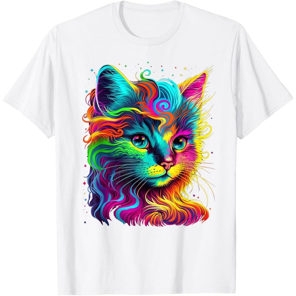 Psychedelic Cat Portrait Graphic Tee Colorful Rainbow Kitten Print Round Neck Tshirt