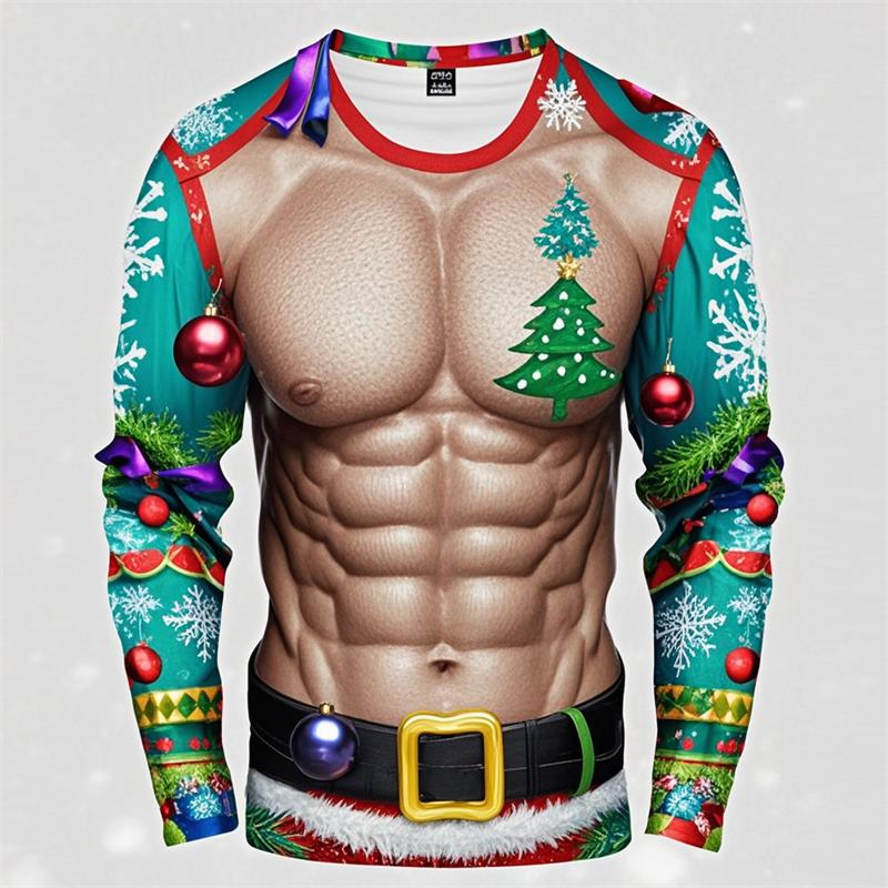 Muscle Christmas T-shirt Men Tops Casual Loose Streetwear 3D Printed Ugly Christmas Long Sleeve Tee Sport T-Shirt Y2k Clothes