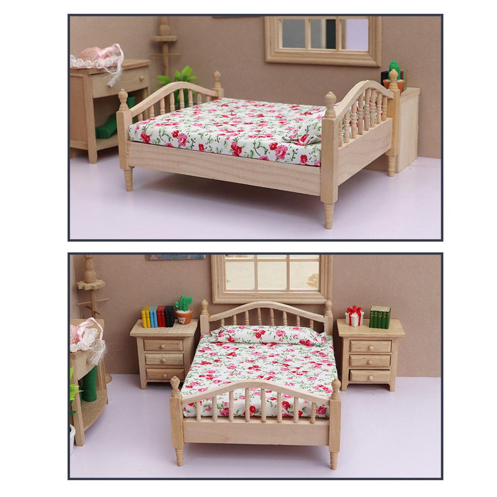 1:12 Dollhouse Mini Double Bed Lifelike Exquisite Details Mini Dollhouse Furniture Double Bed for 1:12 Doll House Gifts