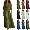Maxi Abito da Donna con Scollo a V Profondo e Maniche a Tre Quarti, Abbottonatura Frontale, Elegante Casual, Lungo, Vestibilità Fluida per l'Uso Quotidiano