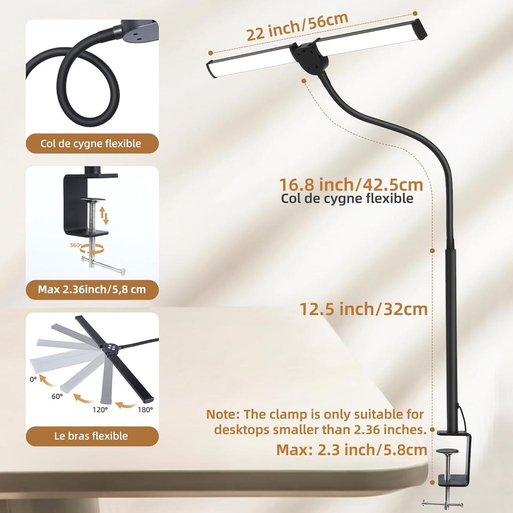 Led Desk Lamp for Home Office, Eye-Care Architect Light with Clamp, Smart Double Head Computer Monitor Table Clip Lamp, Adjustable Flexible