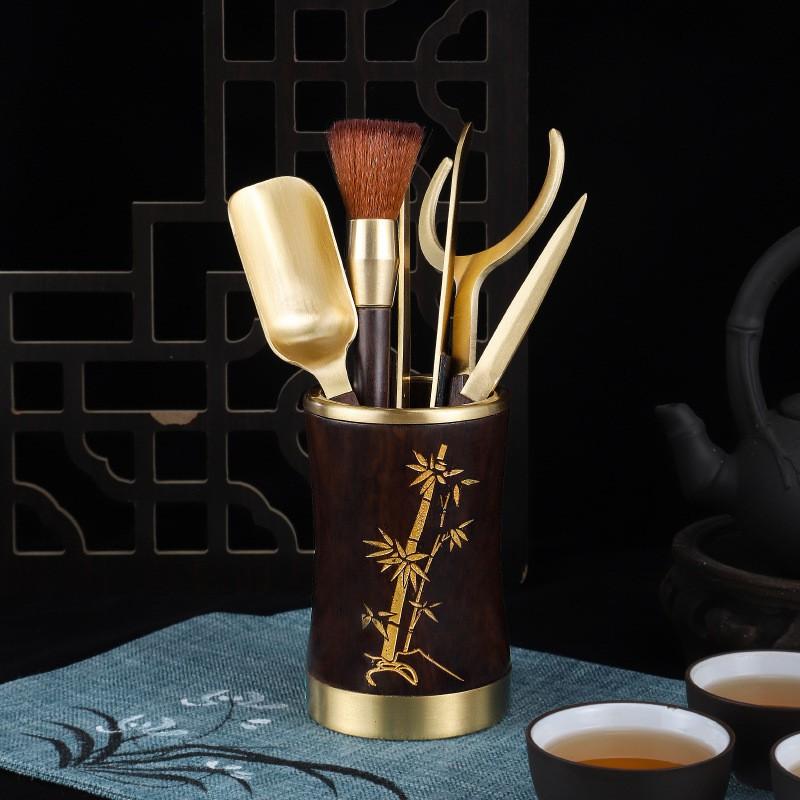 Elegant Brass Ebony Wood Tea Ceremony Six Tools Set Luxury Gift Office Use