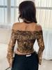 Leopard Print Off-the-Shoulder Mesh Top with Flare Sleeves