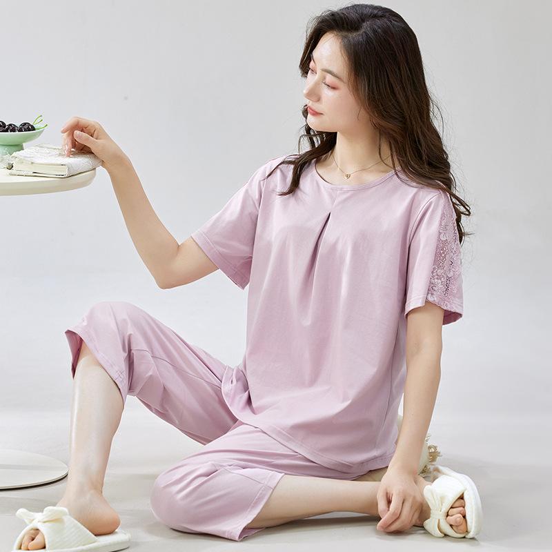 Pajamas Women's Summer Cotton Short-sleeved Cropped Pants Thin Princess Style Women's 1011 New Summer Mother Loungewear