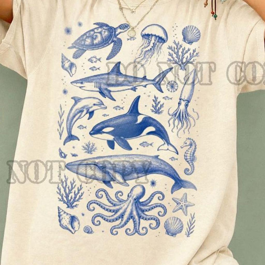 Ocean Life Graphic Tee, Whale Dolphin Sea Life Shirt, Coastal Nature T-Shirt, Marine Wildlife Apparel