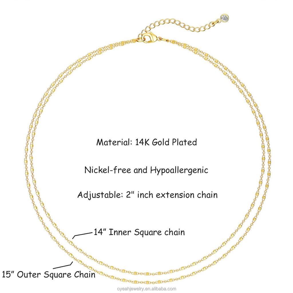 Double Layer Square Chain Gold Plated Brass Pendant Necklace for Women