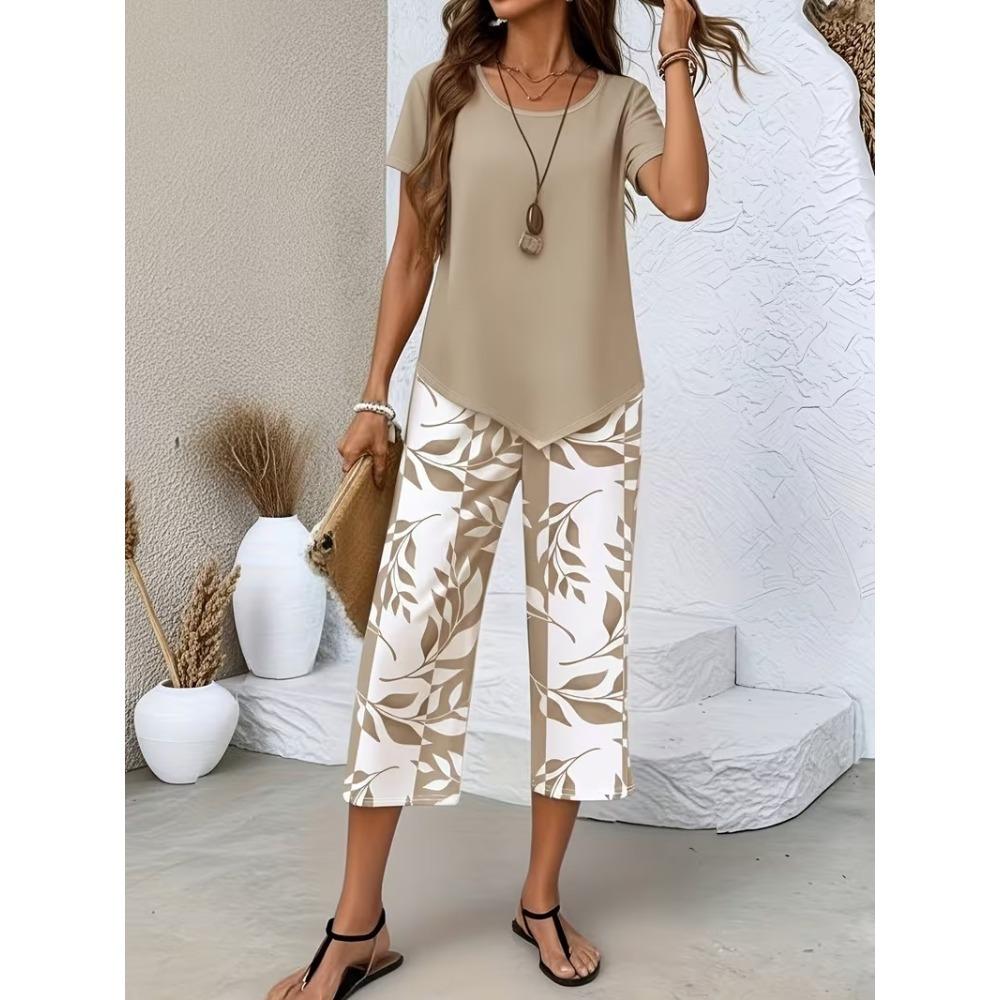 Women Summer Fashion Two Piece Set, Stylish Slimming Short Sleeve Top, High Waist Wide Leg Pants, Elegant Casual Matching Outfit