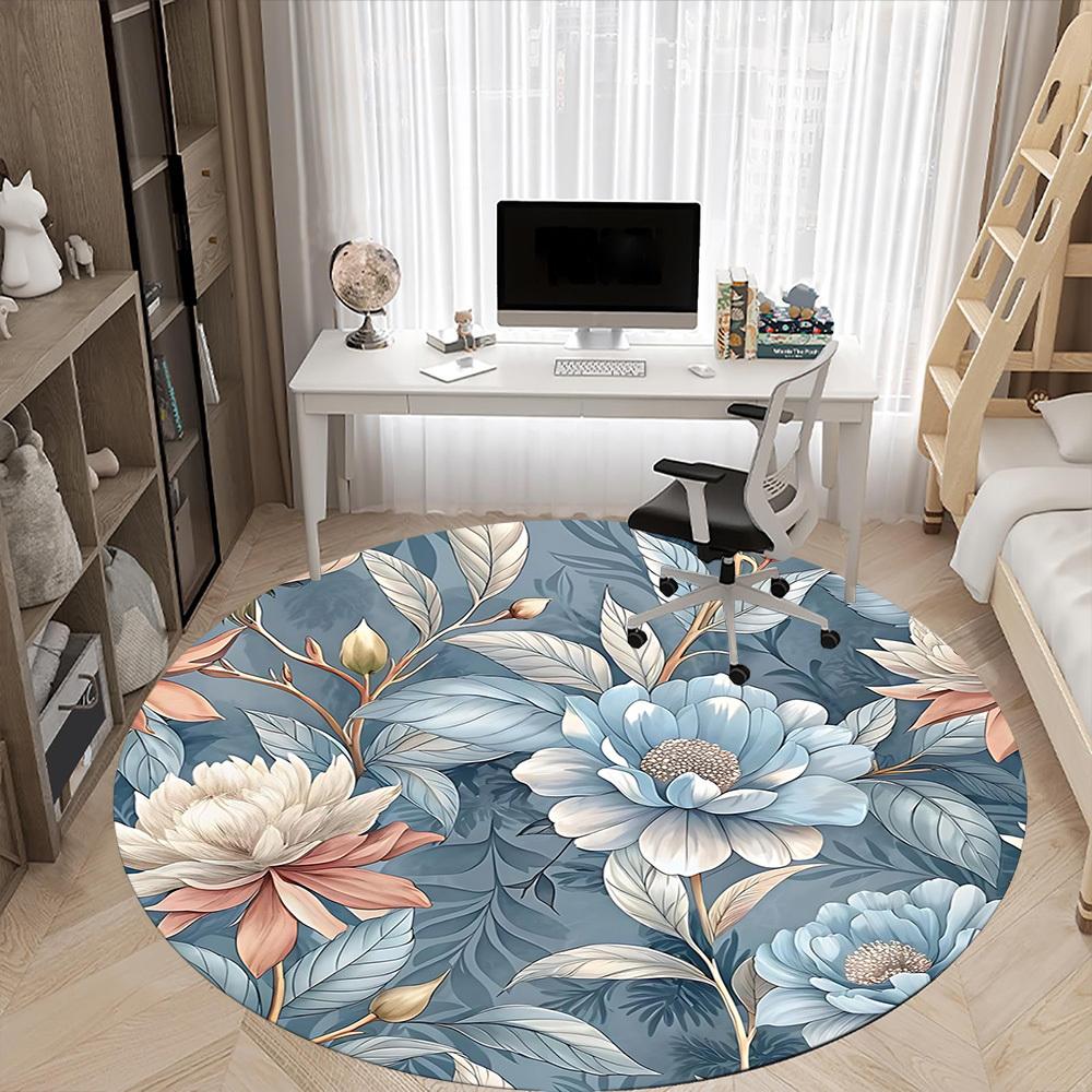 1PCFloral Pattern Office Round Area Rug,  Mat Suitable For Office, Under Office Chairs Bedroom Living Room Home Decor, Room Deco