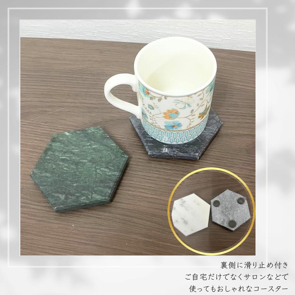 ADOSSY Marble Coasters, Hexagonal, Set of 3, Natural Stone, Modern Interior Decor, Black, White, Green, Small Item Holder (BlackGreenWhite)