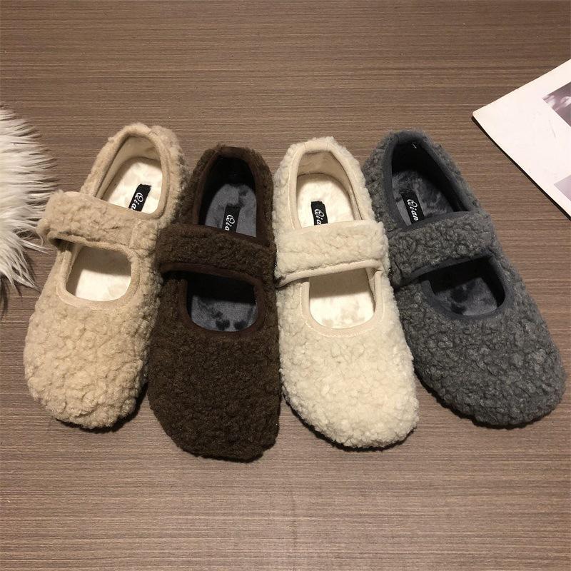 2025 New Velvet Beanie Shoes with Mary Jane Single Shoes Flat-soled Fluffy Shoes for Women's Winter Wear