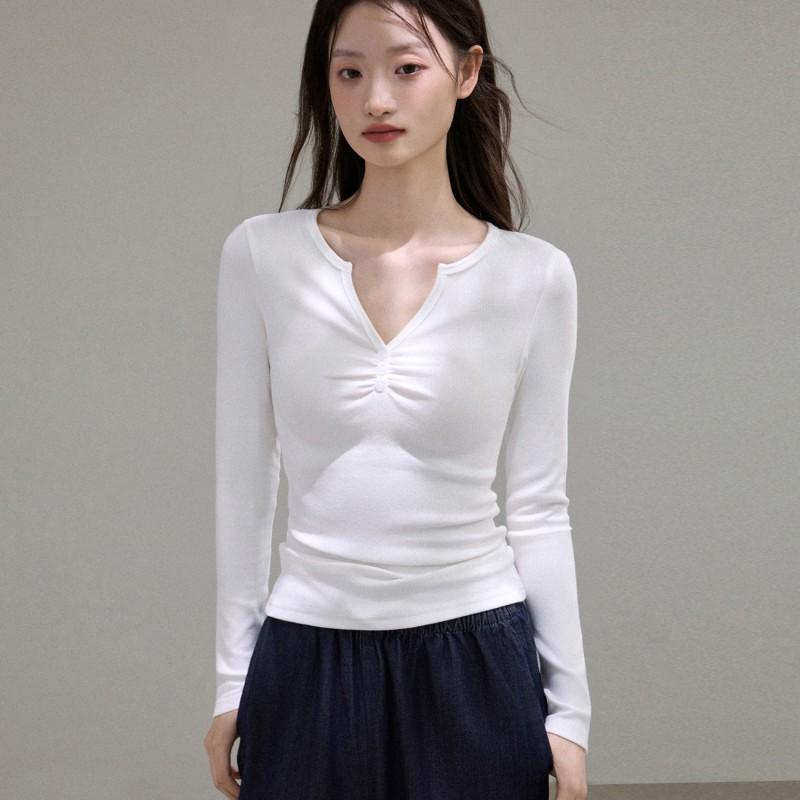 Womens Elegant V-Neck Long Sleeve T-Shirt With Pleated Detail Soft Modal Blend Slim Fit Office Daily Wear