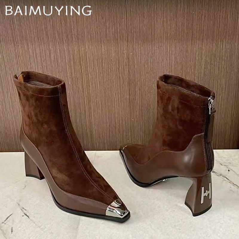 Winter Chunky Women Ankle Boots Pointed Toe Fashion High Heels Shoes 2025 Trend Designer Elegant Pumps Goth Chelsea Botas Mujer