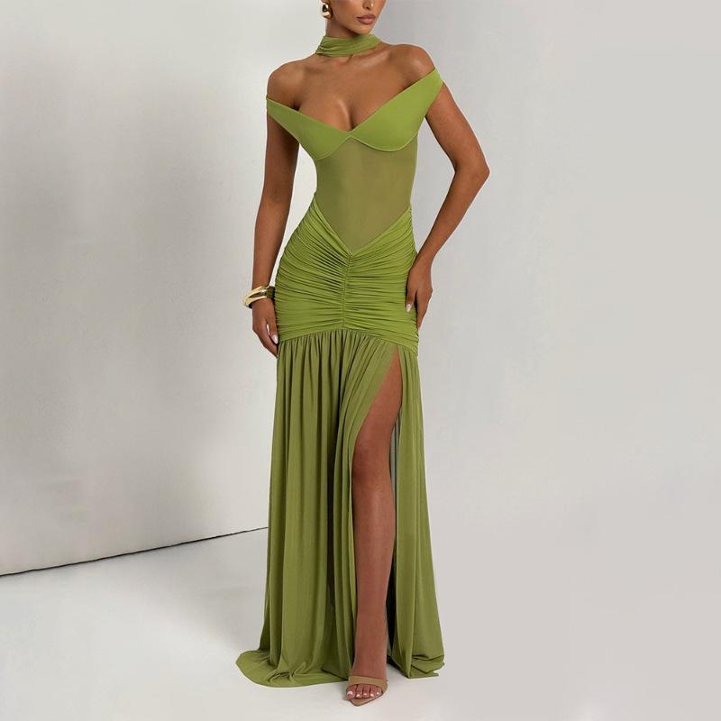 European and American style sexy tube top halter dress fashion temperament mesh pleated split hip wrap dress