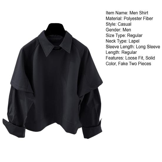 Men Shirt Lapel Long Sleeve Solid Color Splicing Fake Two-Piece Design Pullover Tops Loose Fit Casual Shirt Work Wear