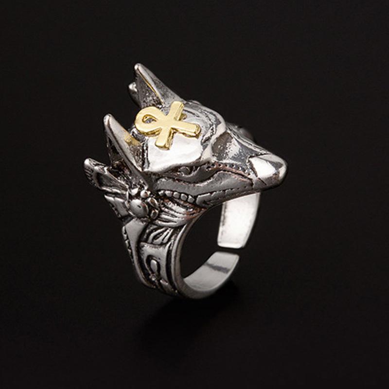 Anillo Símbolo Anubis Egipto Retro Para Hombre Punk Gótico Rock Hiphop Anillo Abierto Hecho a Mano Diseñador Zircón Accesorios Biker Regalo para Amante