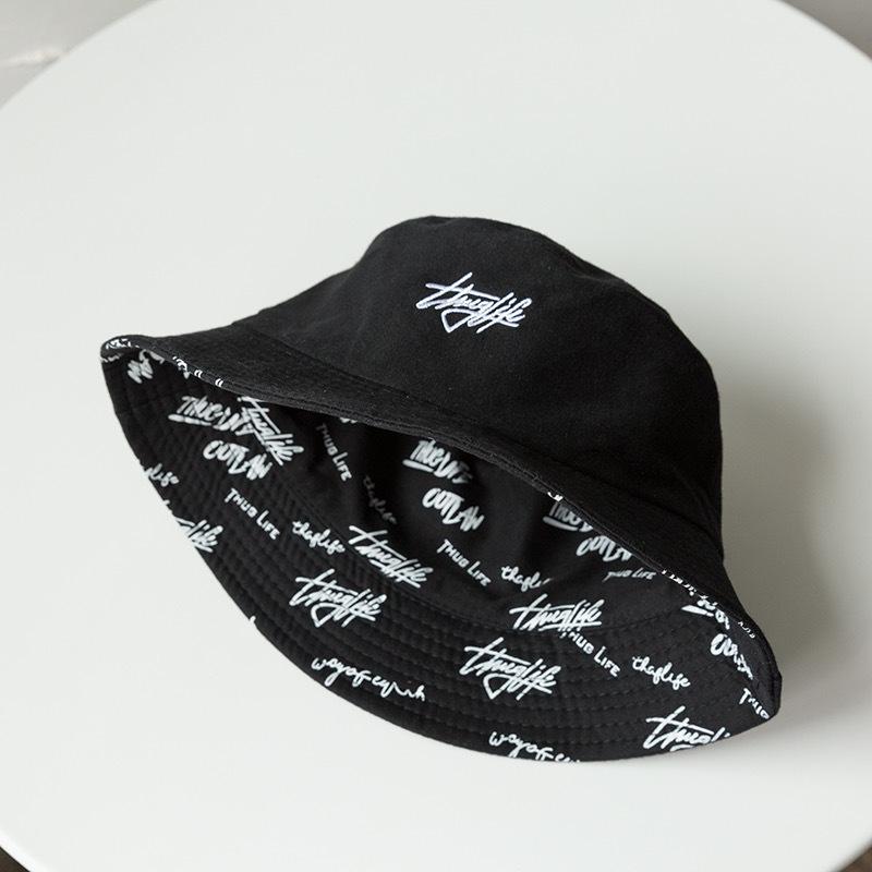 Bucket hat printing literary personality versatile letter embroidery double-sided sunshade basin hat