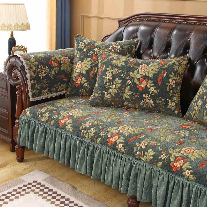Chenille Jacquard Sofakissen Alle Jahreszeiten Retro Sofabezug Heimdekor Rutschfestes Couchkissen Wohnzimmer Sofa Schutzbezug