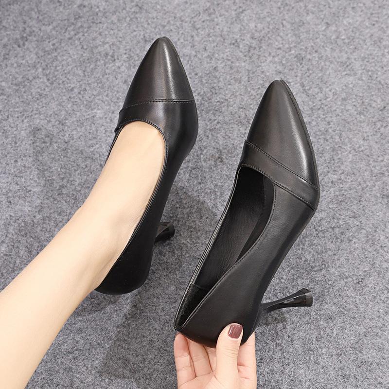 

Этикет туфли на высоком каблуке женские мягкая кожа шпилька одинарные туфли женские острый носок туфли для собеседования работы платье черные средний каблук кожаные туфли 41