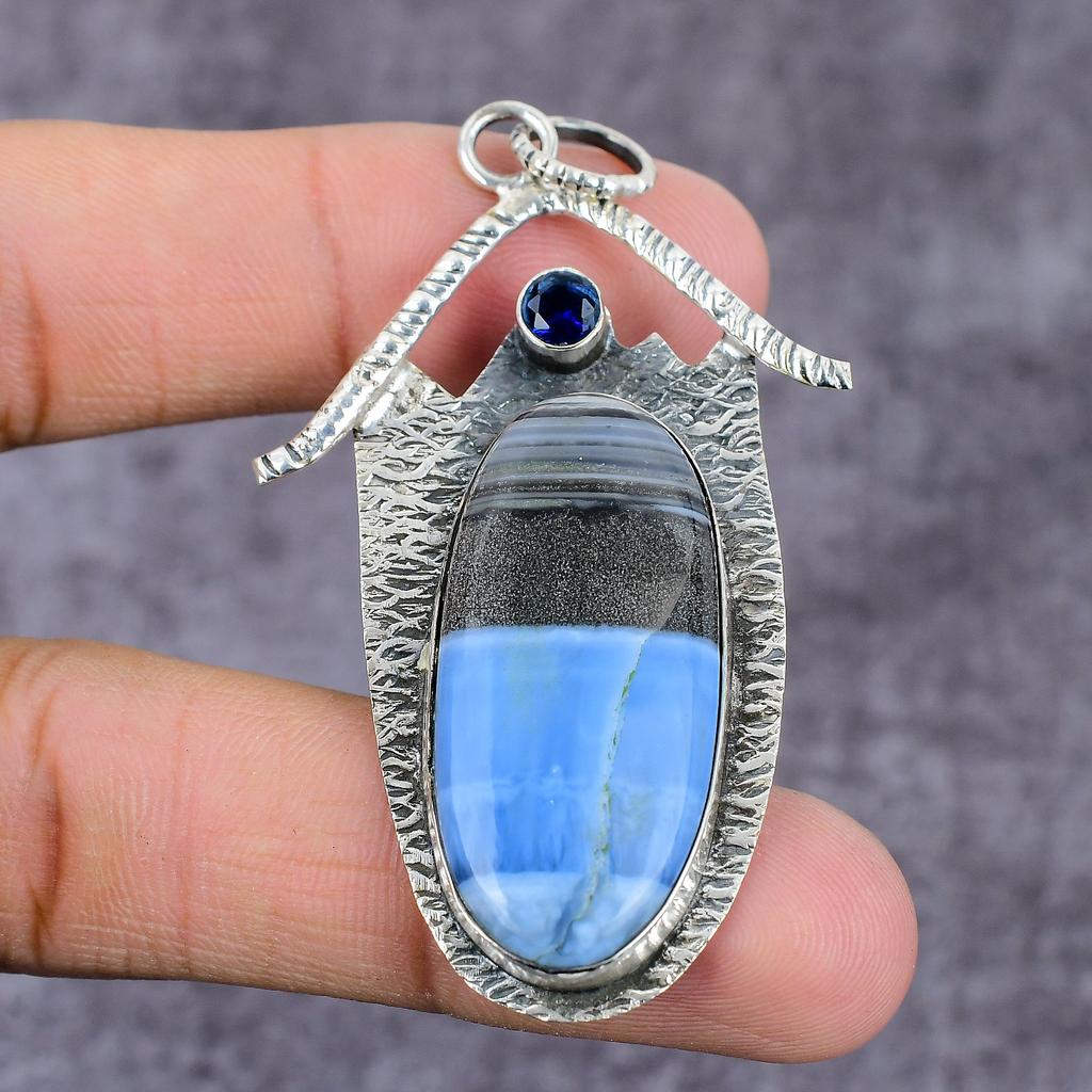 Natural Blue Lace Agate, Topaz Gemstone 925 Sterling Silver Pendant 2.25" i2j77