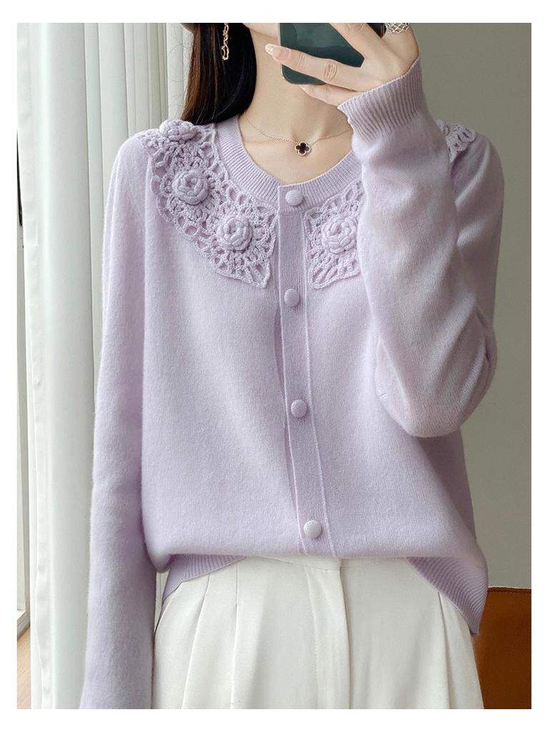 Women's Short Wool Embroidered Cardigan Sweater - 2025 Autumn Collection
