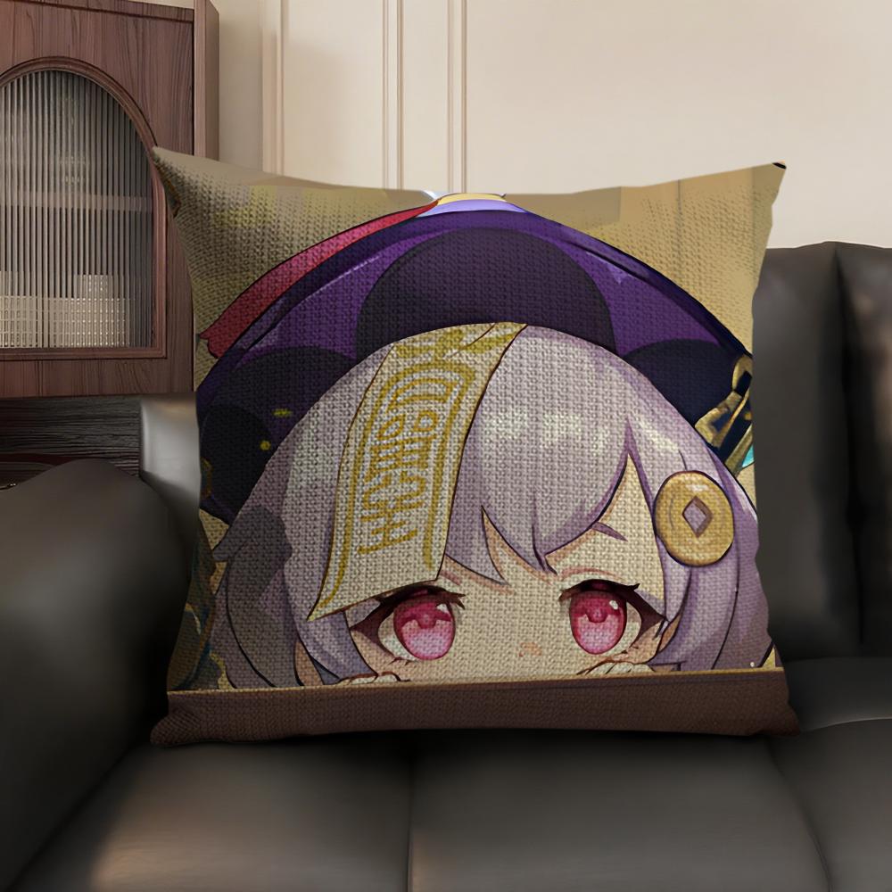 Qiqi Cute Genshin Impact Cushion Cover Natural Linen Organic Fabric DoubleSided Printing Sofa Home Decor Gift Pillow Case