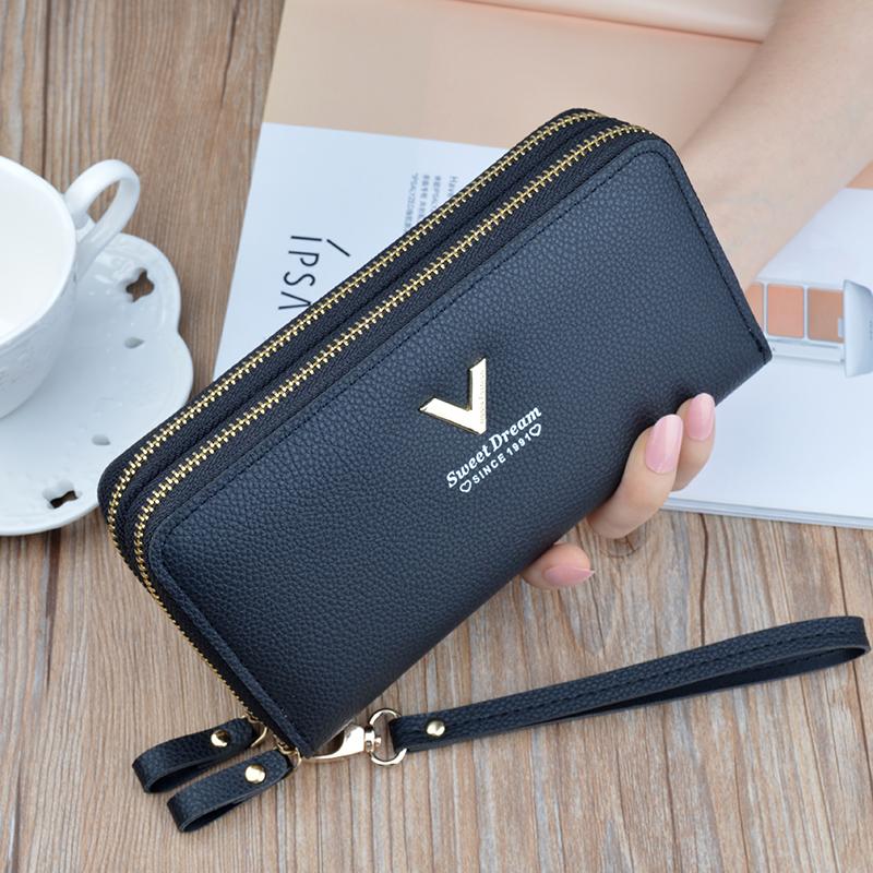 Women Double Zipper Long Wallet Large Capacity Lady Coin Purse Cell Phone Bag Credit Cards Holder Money Clutch Solid PU Leather