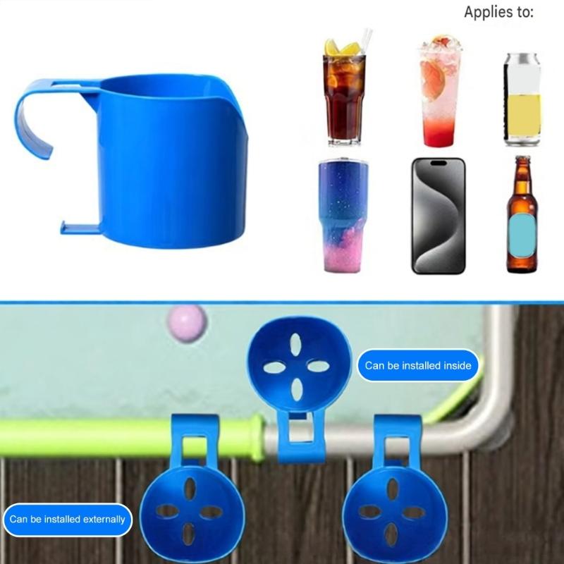 Poolside Drink Holder for Round Pool Frame, Plastic Hook-On Cup Rack for In-Ground Pool Lounging and Drink Access