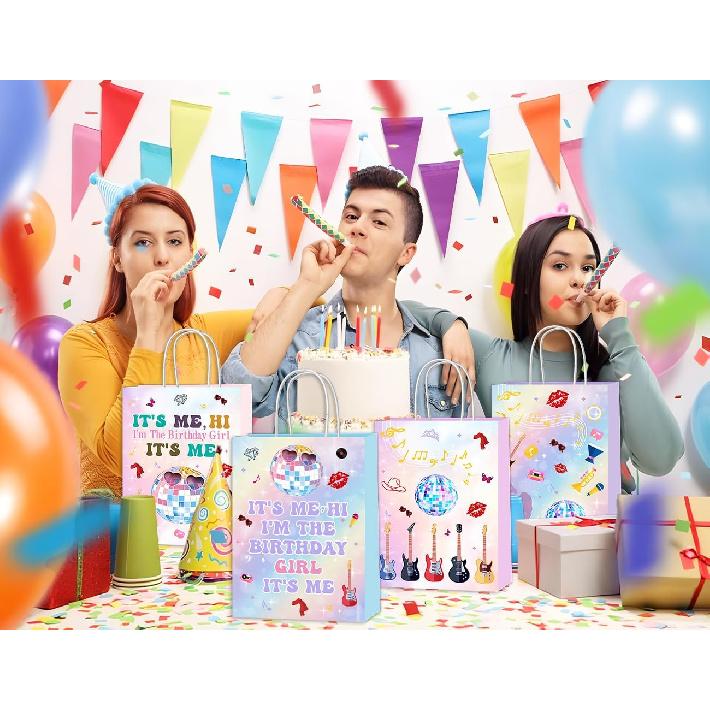 SNABETNA Music Birthday Party Paper Bags Decorations,16pcs Goodies Bags,Double Sided Birthday Paper Bags With 4 Styles, Music Theme Birthday Party