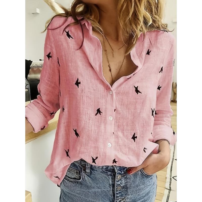 Bird Print Button Front Shirt, Casual Long Sleeve Shirt For Spring & Fall, Women's Clothing