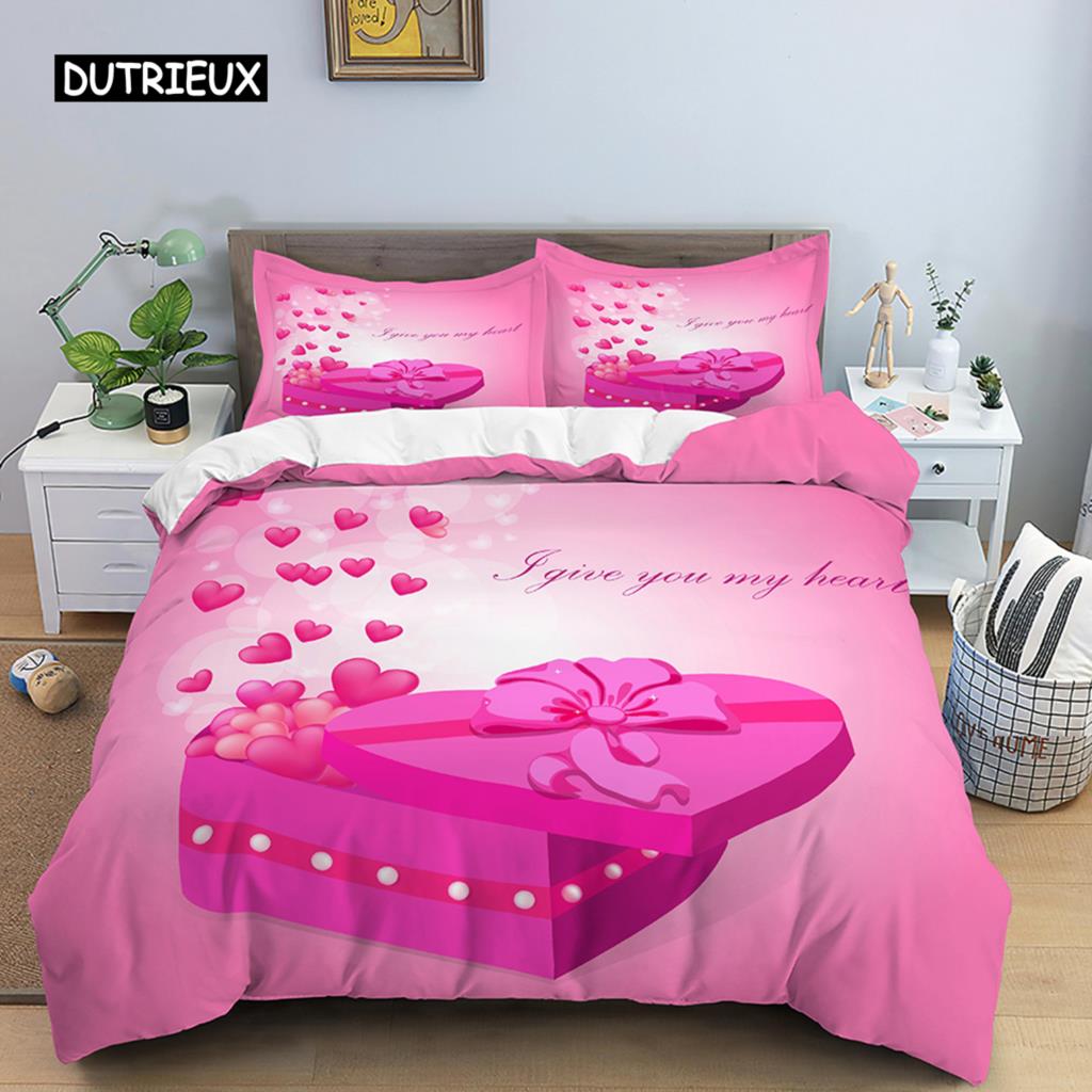 Love Heart Duvet Cover Set Pillowcase Couples Quilt Cover King Size Valentine Gifts Happy Valentines Day Polyester Bedding Set