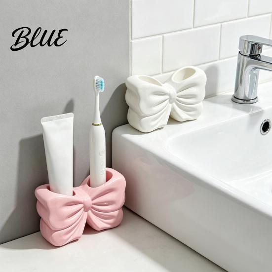 Girls Style Toothbrush with Dual Printed Holder Bow Holder 3D Adhesive Cup Holes for Bathroom Accessory & Toothpaste Cute