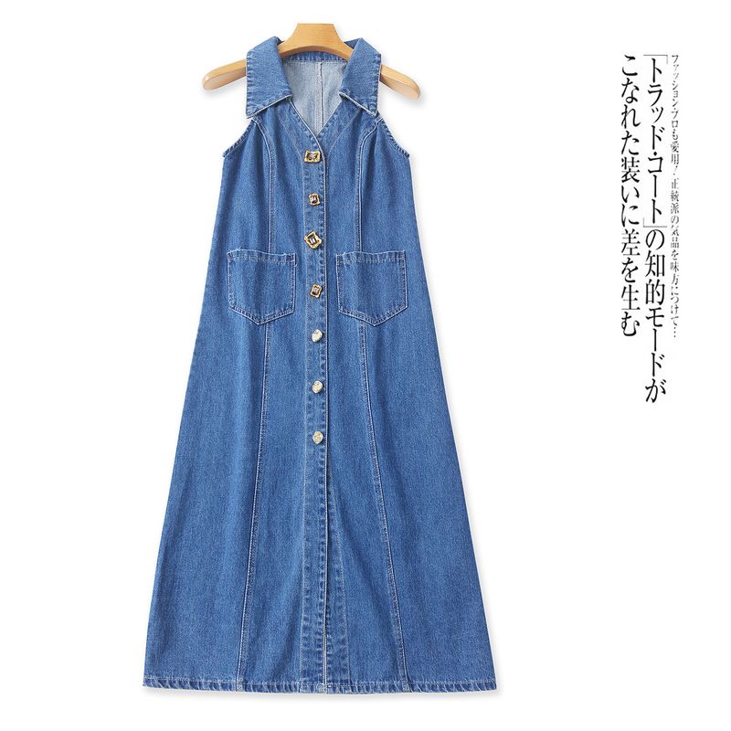 

Sleeveless Demin dress Summer New Foreign Trade Women clothes Fashion Slim fit Turn V-neck Single-Breasted Midi dress 32220 Denim Blue B- 2-34-4 S