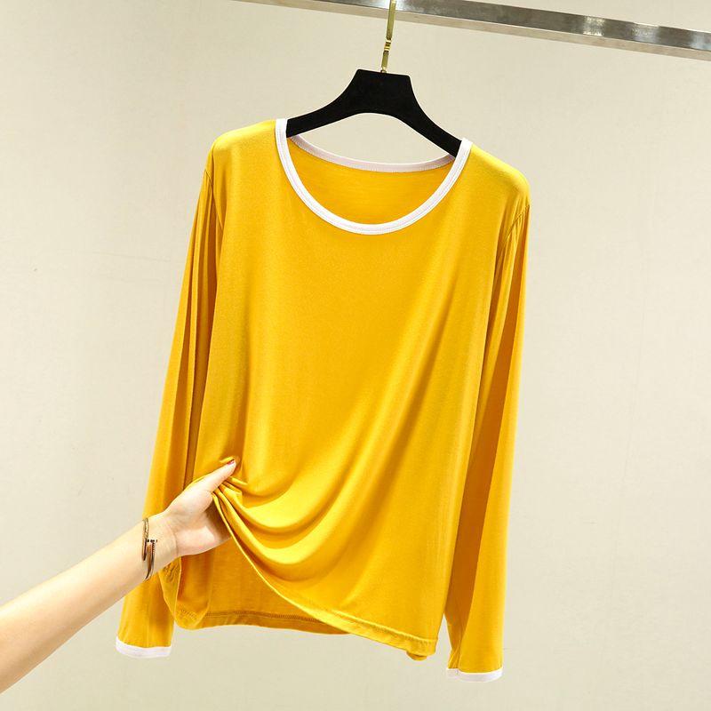 

Long Sleeves Modal T-shirt Loose Spring & Fall Thin and All-Matching Bottoming Shirt Plus Size Slimming round Neck Homewear Tops Yellow L (Recommendation 50.00 kg-60.00 kg