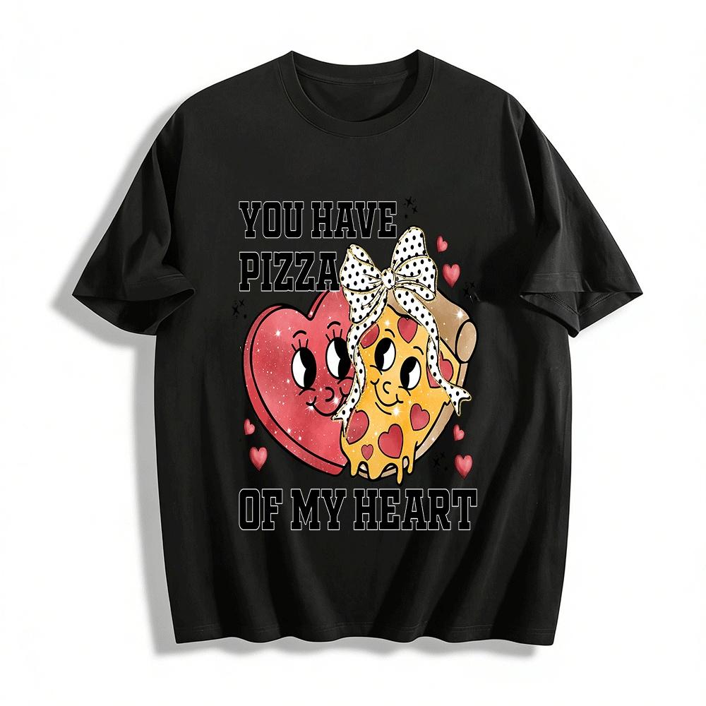 

Cute Pizza Heart Graphic Casual Top For Valentine s Day Pure cotton T-shirt XXS