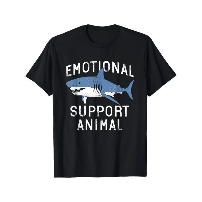 

European sizes Men s Emotional Support Animal Shark Graphic T-Shirt - Casual Short Sleeve Tee with Slightly Stretchy Fabric 4XL чорний
