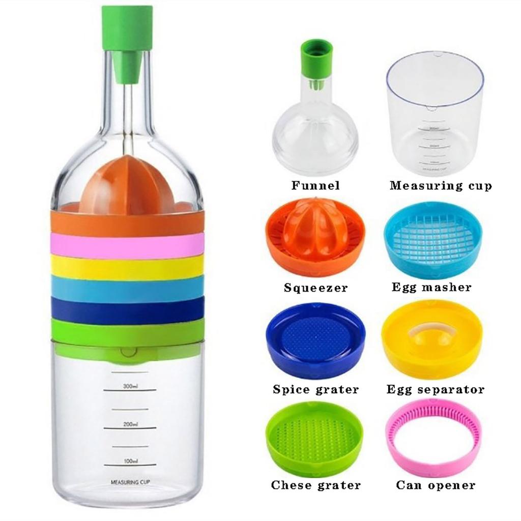 8-In-1 Kitchen Tool Bottle Funnel Lemon Squeezer Grater Eggs Masher Cheese Grater Eggs Seperator Measuring Cup Can Opener