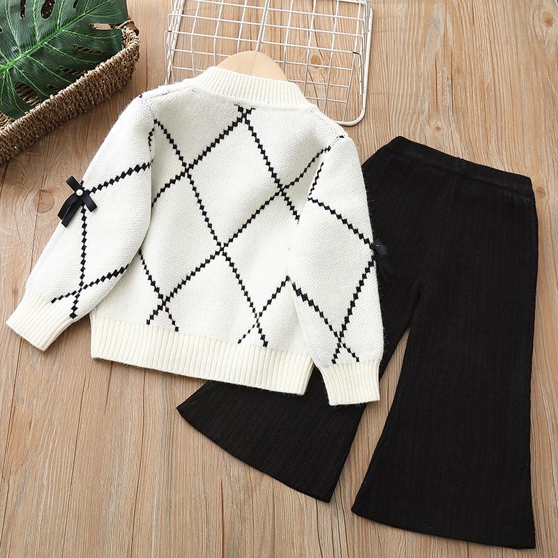 Set Pulover și Pantaloni pentru Fete Haine pentru Copii Set Tricotat din Două Piese Fată Cardigan cu Fundă Jachetă Costum 1-8 Ani