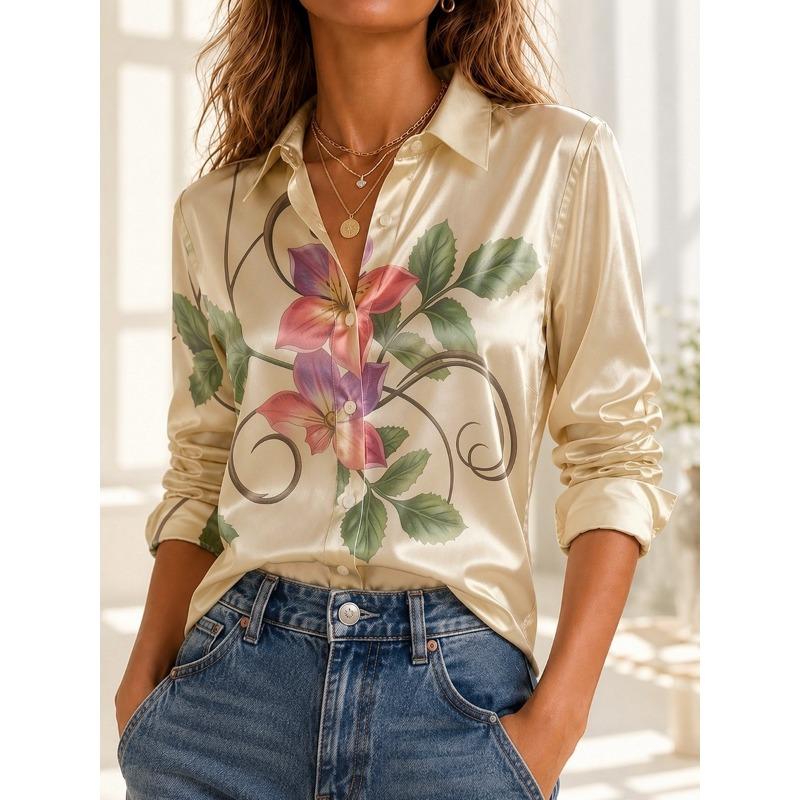 Camicia da Donna in Raso con Stampa Botanica Manica Lunga Bottoni Camicetta Casual Ufficio Top Eleganti Moda Taglie Forti S-3XL Moderni