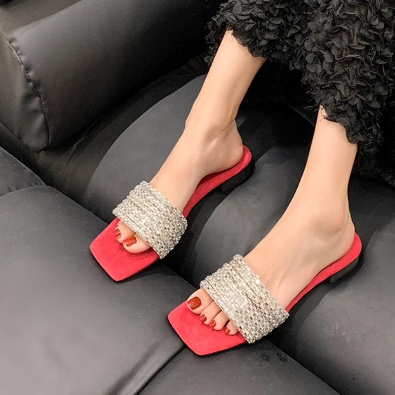 Moda Estate Nuove Pantofole con Tacco Basso Donna Moda Punta Quadrata Aperte Combinazione Sandali con Strass con Cinturino Sottile