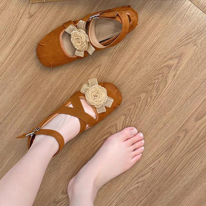 Fashion Elastic Cross Band Ballets Woman Belt Buckle Flats Shoes Lace Flower Mary Janes Ladies Flock Loafer Femme Bride Dance Ballerinas