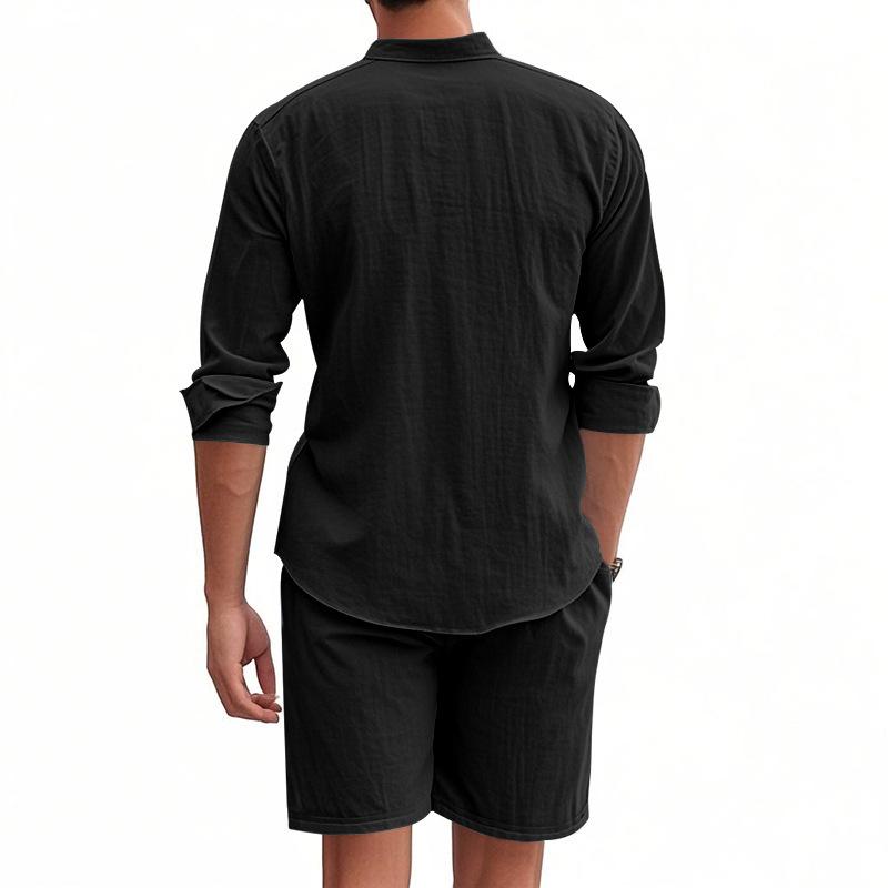 Cotton Linen Breathable Soft Shirt & Shorts Men's Suit Beach Holiday Men's Cotton Linen Long Sleeve Shirt Two-piece Sets