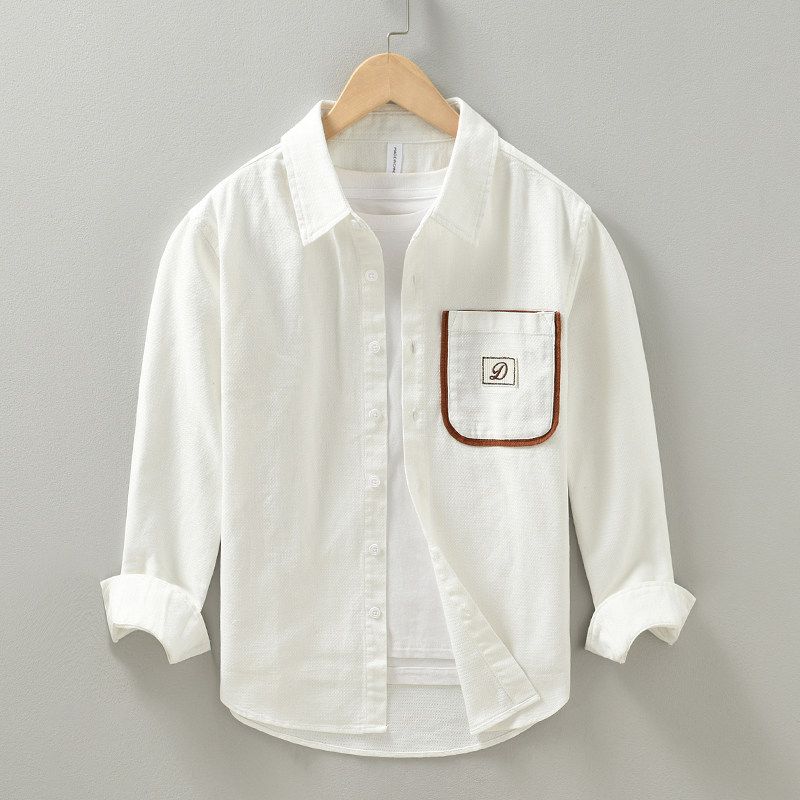 Surplus Hong Kong Style Pure Cotton Shirt for Men, Spring and Autumn Color-Blocking Patch Pocket Workwear, Stylish and Cool Long-Sleeve Casual Jacket