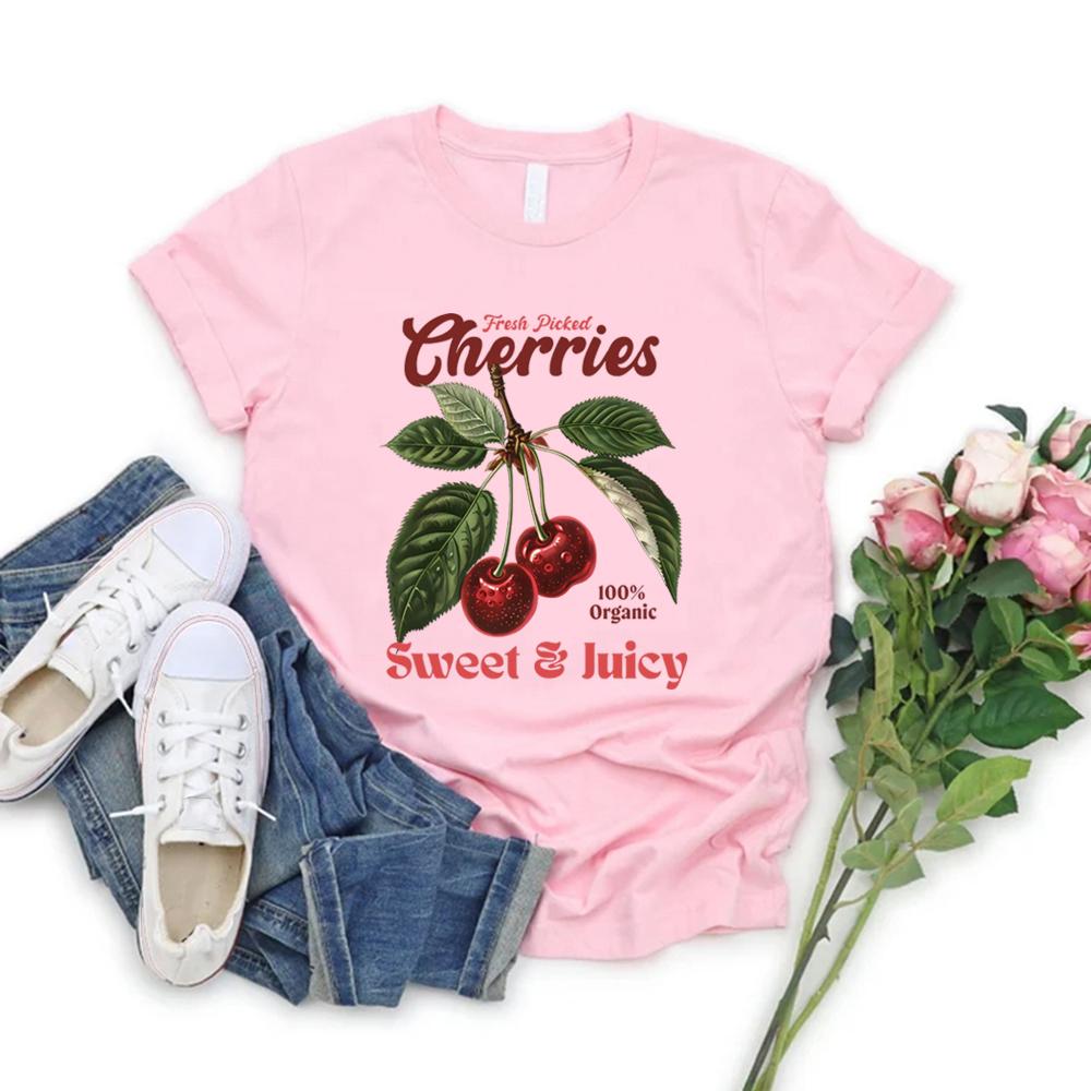 Retro Cherries Graphic T Shirts Vintage Cherry T-Shirt Women Short Sleeve Casual T-shirt Y2k Style T Shirt Vintage Summer Tee