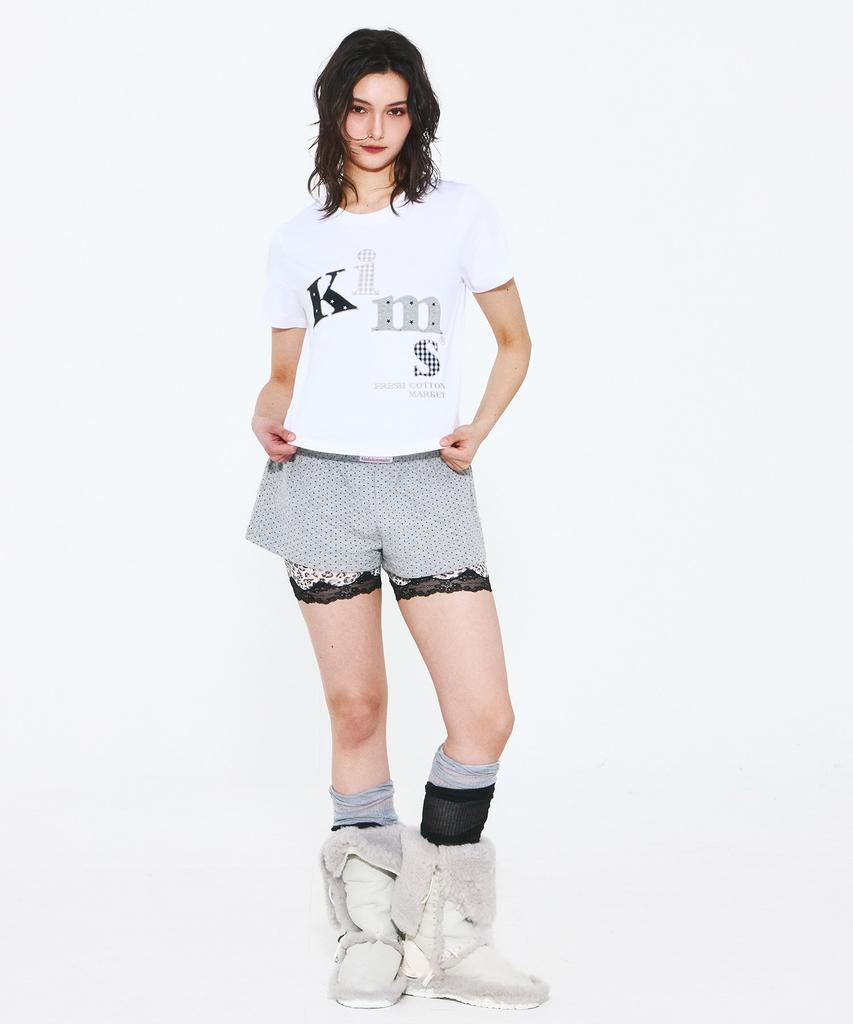 Kimseupeulesikoteunmakes Mesh Star Check Applique T-Shirt White