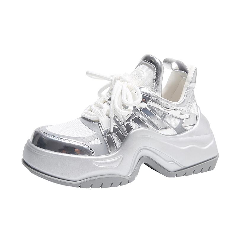 Fashion Women Silver Sneakers Lace Up Platform Brand High Quality Casual Sports Thick Bottom Shoes Outdoor Running Tennis Shoes 35-40