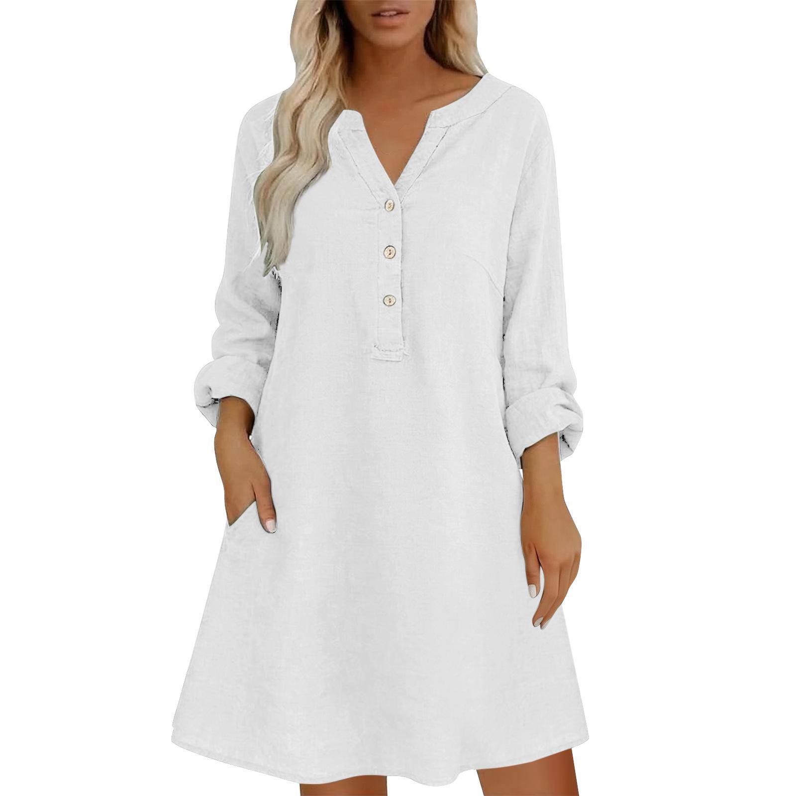 

Fashionable Women s Loose Color Stand Up Collar Button Cotton Linen Dress XL білий