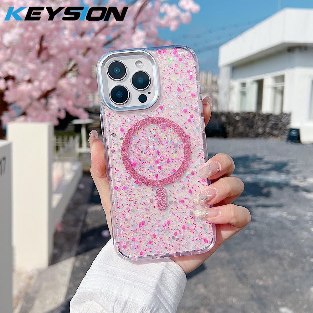 KEYSION Luxuxy Glitter Magnetic Phone Case for MagSafe for iPhone 12 13 14 Pro Max 14 Plus Soft TPU+PC Shockproof Back Cover
