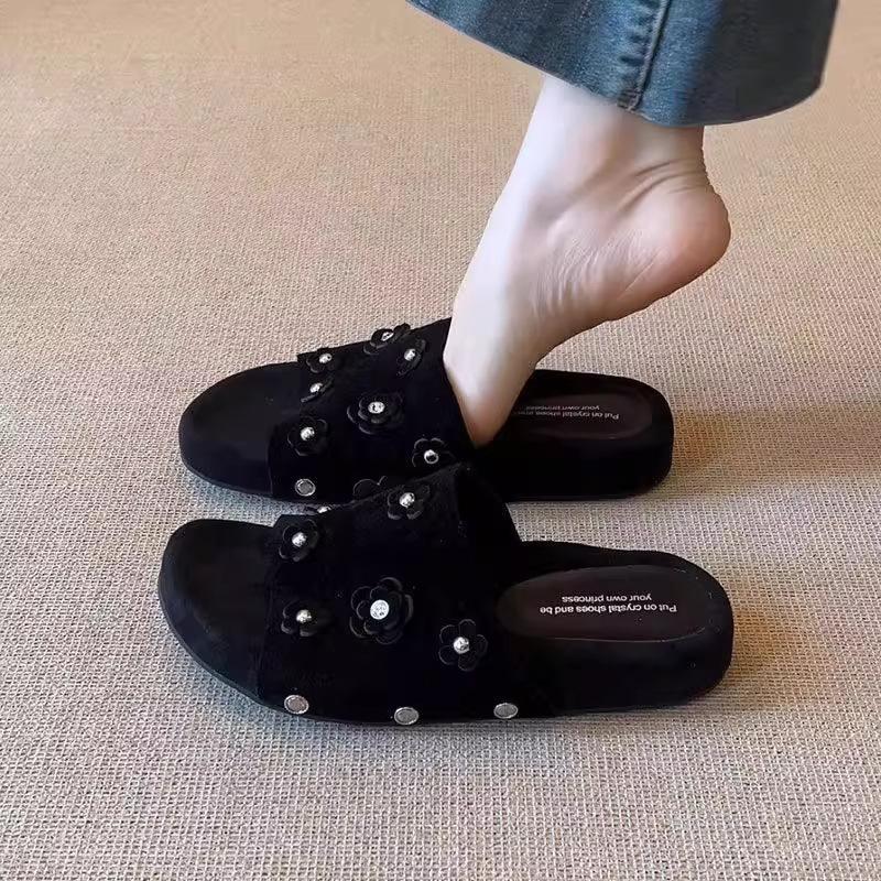 

Retro matte round head rivet flower summer new niche design comfortable thick bottom open toe slippers 42 чёрный