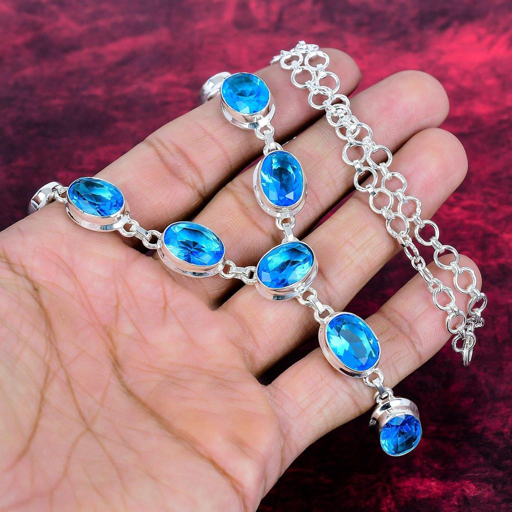 Blue Topaz Handmade Gemstone Necklace, 925 Solid Sterling Silver Necklace Antique Jewelry, For Engagement Gift