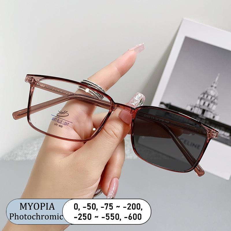 Transparent Tea Square Computer Glasses Anti Blue Ray Eyewear Myopia Optical Spectacle Photochromic Eyeglass for Women Men